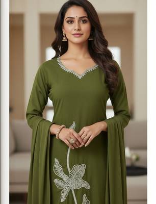 Womens olive self design cotton fabric kurta set 3/4 sleeves round neck 3
