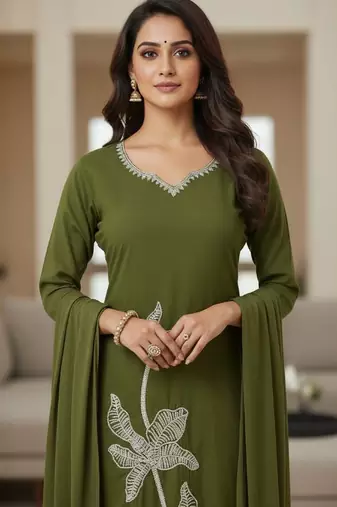 Womens olive self design cotton fabric kurta set 3/4 sleeves round neck