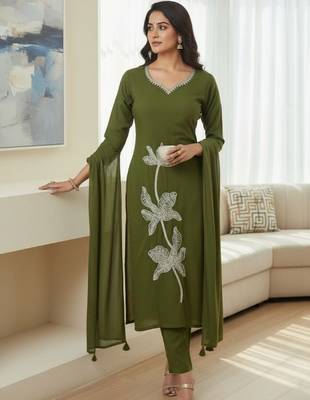 Womens olive self design cotton fabric kurta set 3/4 sleeves round neck 4