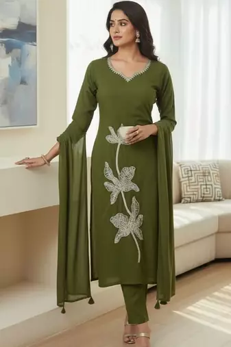 Womens olive self design cotton fabric kurta set 3/4 sleeves round neck