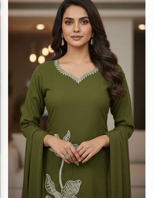 Womens olive self design cotton fabric kurta set 3/4 sleeves round neck 5
