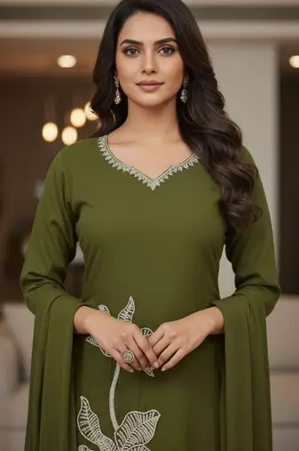 Womens olive self design cotton fabric kurta set 3/4 sleeves round neck