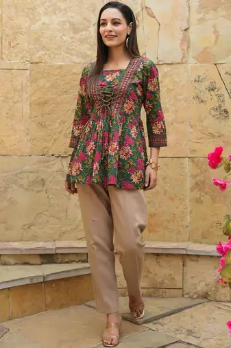Womens green self design cotton fabric kurtis 3/4 sleeves boat neck