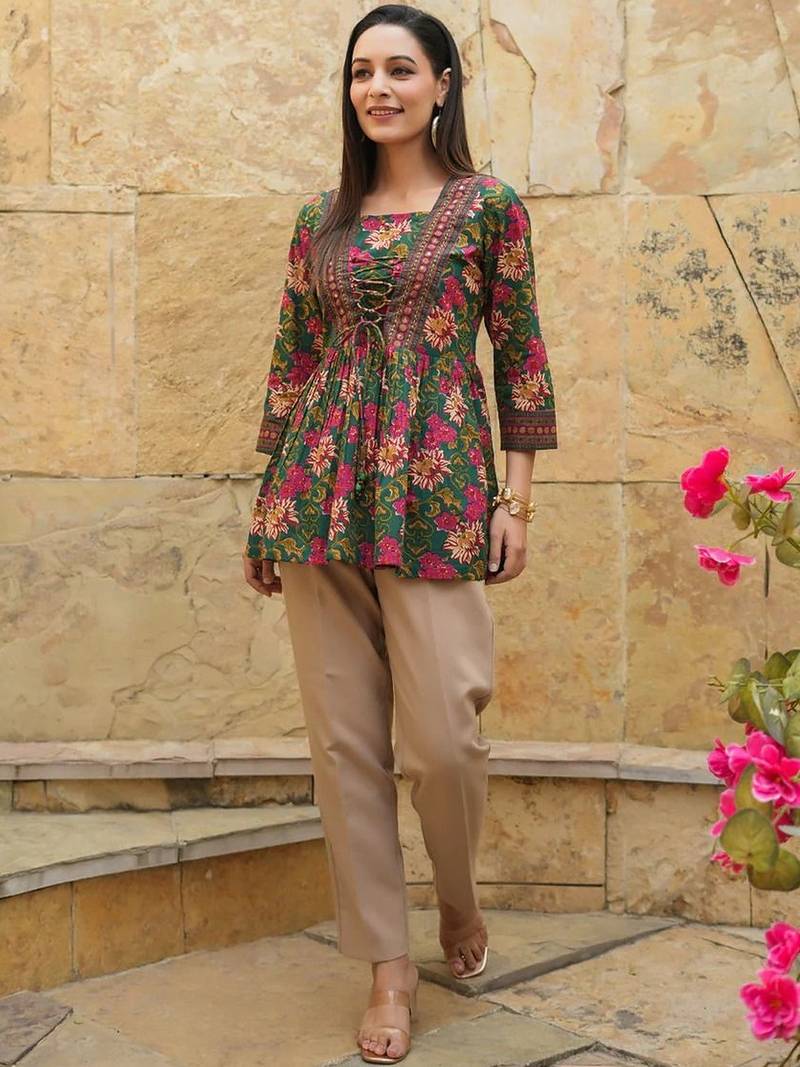 Womens green self design cotton fabric kurtis 3/4 sleeves boat neck