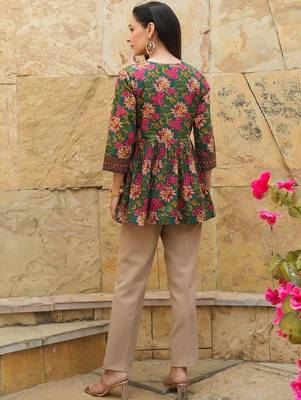 Womens green self design cotton fabric kurtis 3/4 sleeves boat neck 3