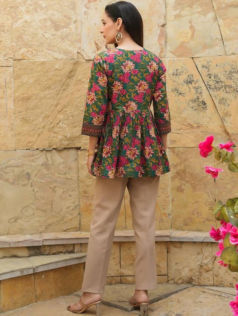 Womens green self design cotton fabric kurtis 3/4 sleeves boat neck