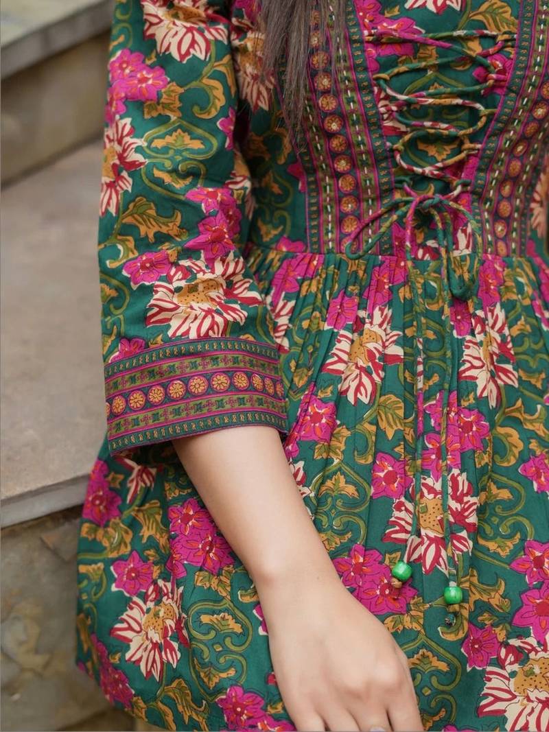 Womens green self design cotton fabric kurtis 3/4 sleeves boat neck