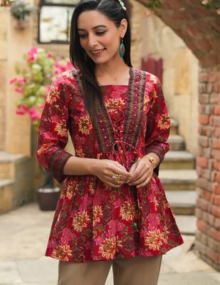 Womens red self design cotton fabric kurtis 3/4 sleeves boat neck 1