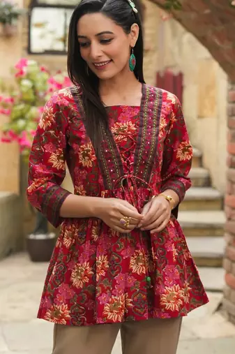 Womens red self design cotton fabric kurtis 3/4 sleeves boat neck
