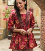 Womens red self design cotton fabric kurtis 3/4 sleeves boat neck