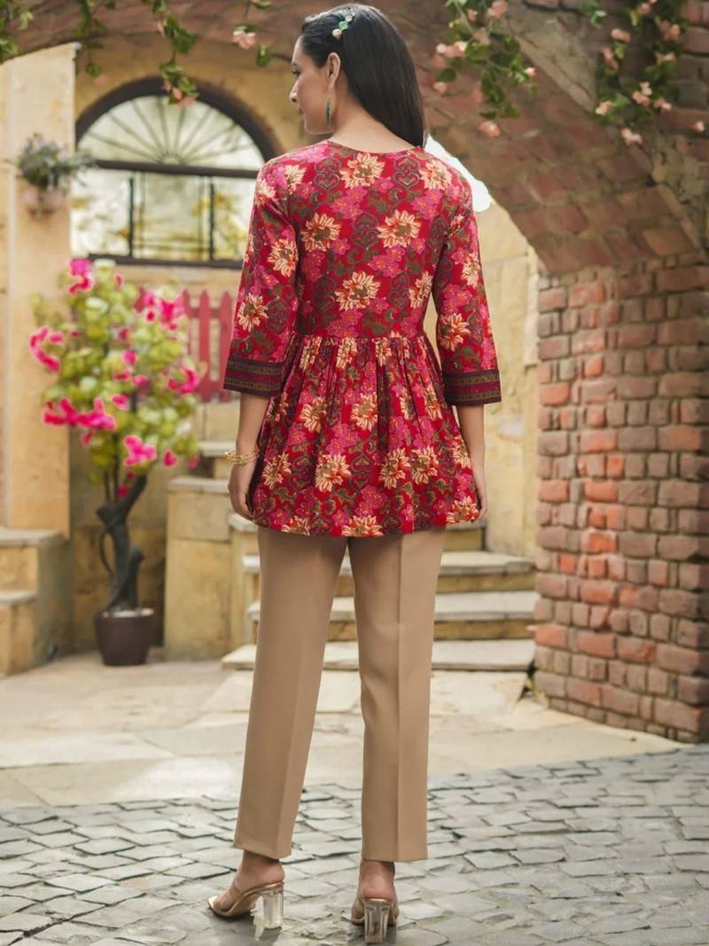 Womens red self design cotton fabric kurtis 3/4 sleeves boat neck