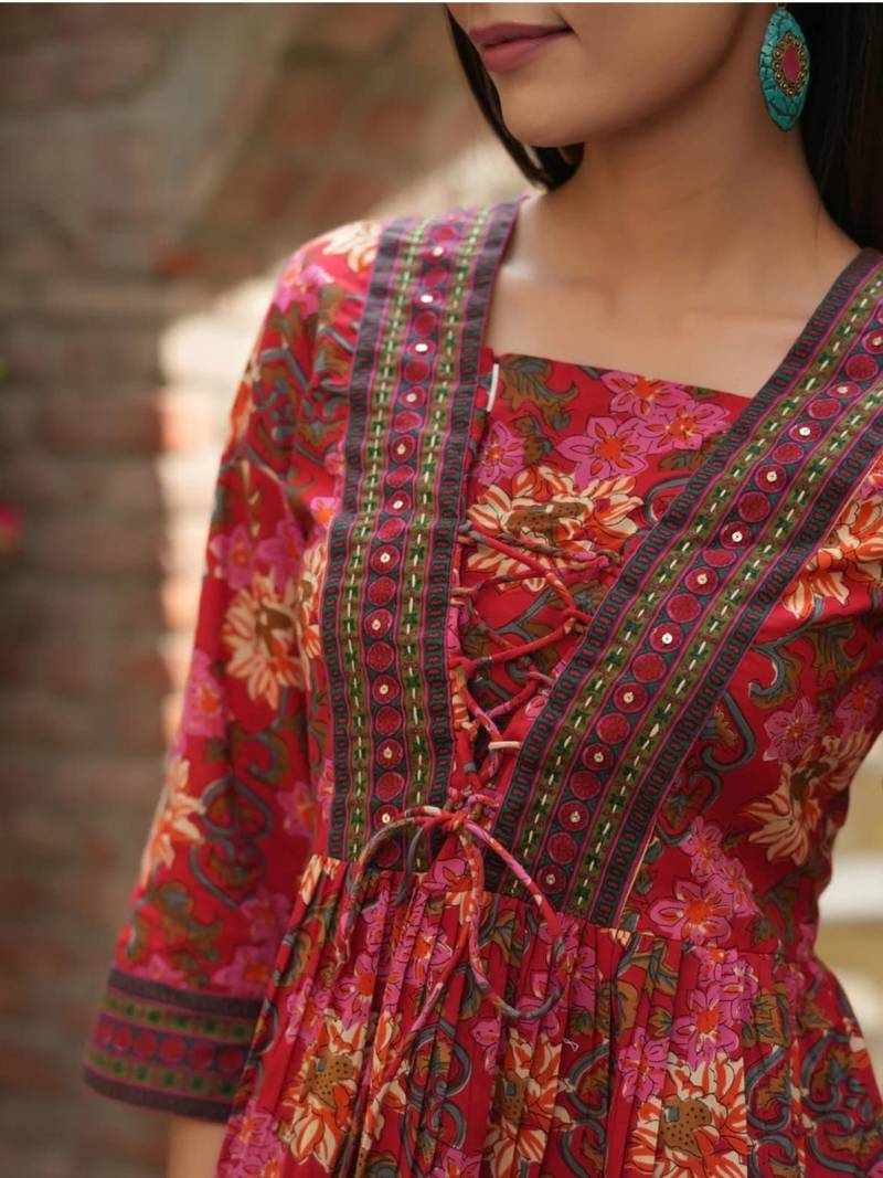 Womens red self design cotton fabric kurtis 3/4 sleeves boat neck