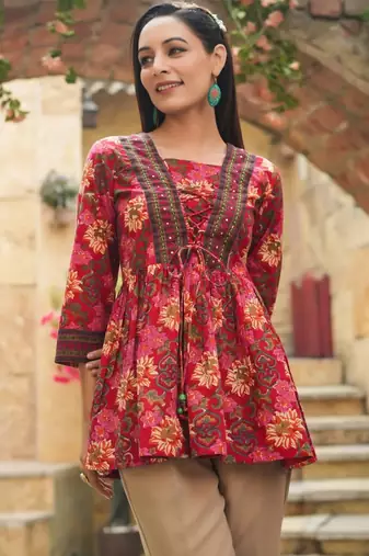 Womens red self design cotton fabric kurtis 3/4 sleeves boat neck