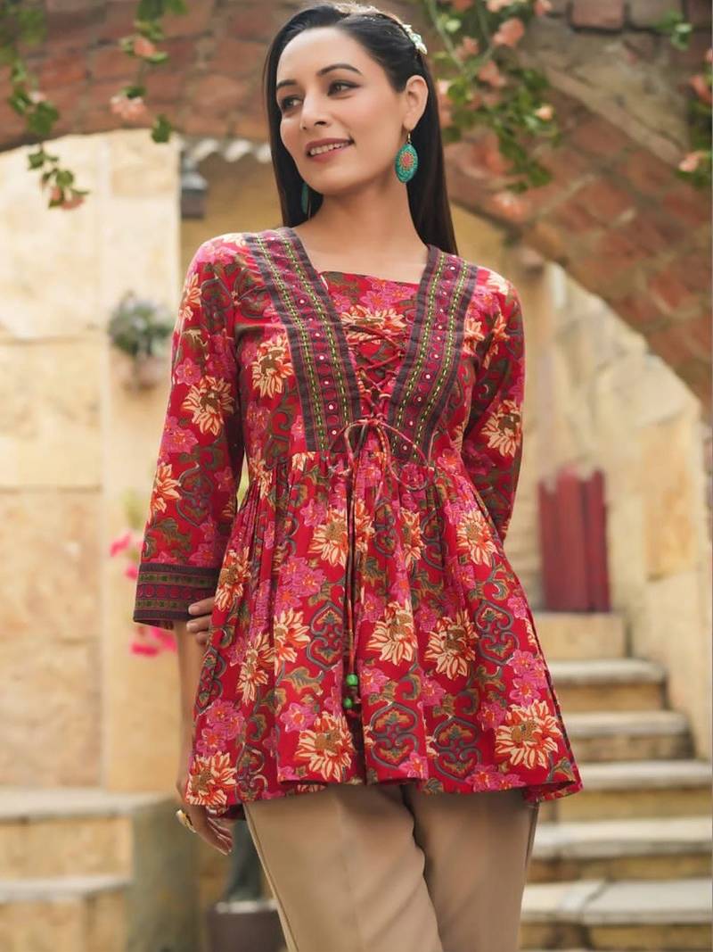 Womens red self design cotton fabric kurtis 3/4 sleeves boat neck