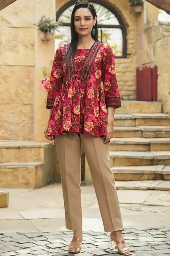Womens red self design cotton fabric kurtis 3/4 sleeves boat neck