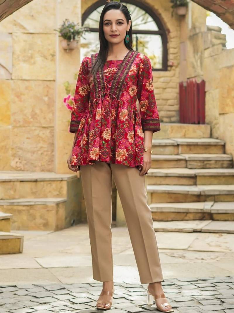 Womens red self design cotton fabric kurtis 3/4 sleeves boat neck