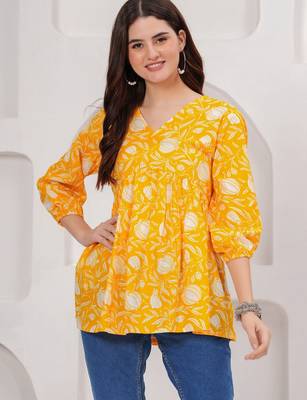 Womens yellow self design cotton fabric kurtis 3/4 sleeves v-neck 1