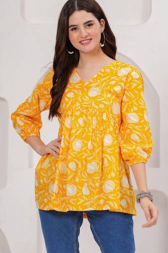 Womens yellow self design cotton fabric kurtis 3/4 sleeves v-neck