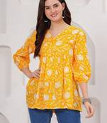 Womens yellow self design cotton fabric kurtis 3/4 sleeves v-neck