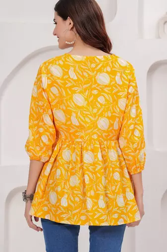 Womens yellow self design cotton fabric kurtis 3/4 sleeves v-neck