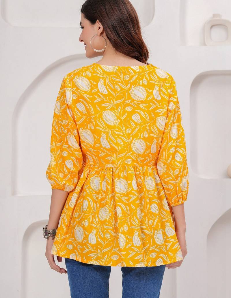 Womens yellow self design cotton fabric kurtis 3/4 sleeves v-neck