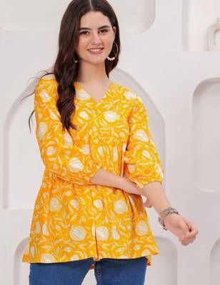 Womens yellow self design cotton fabric kurtis 3/4 sleeves v-neck 3