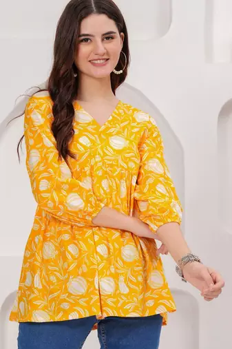Womens yellow self design cotton fabric kurtis 3/4 sleeves v-neck