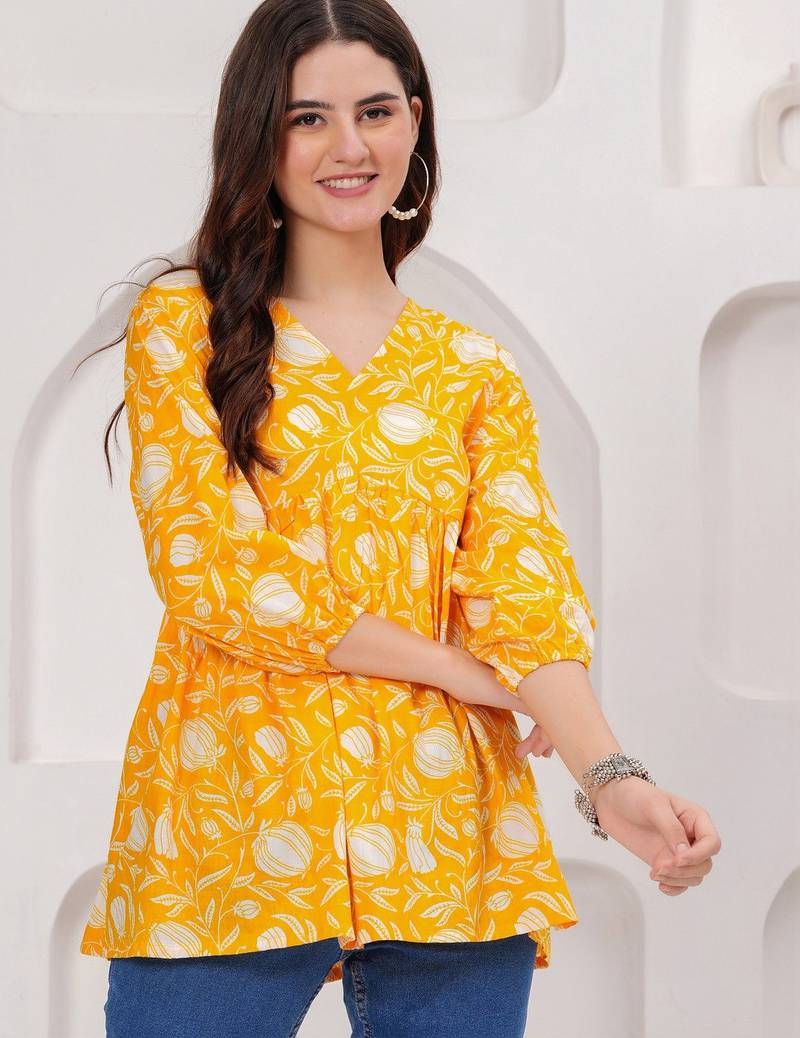 Womens yellow self design cotton fabric kurtis 3/4 sleeves v-neck