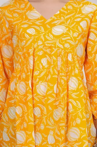 Womens yellow self design cotton fabric kurtis 3/4 sleeves v-neck