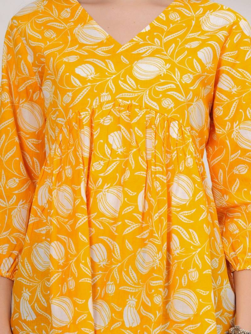 Womens yellow self design cotton fabric kurtis 3/4 sleeves v-neck