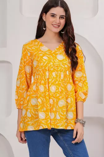 Womens yellow self design cotton fabric kurtis 3/4 sleeves v-neck