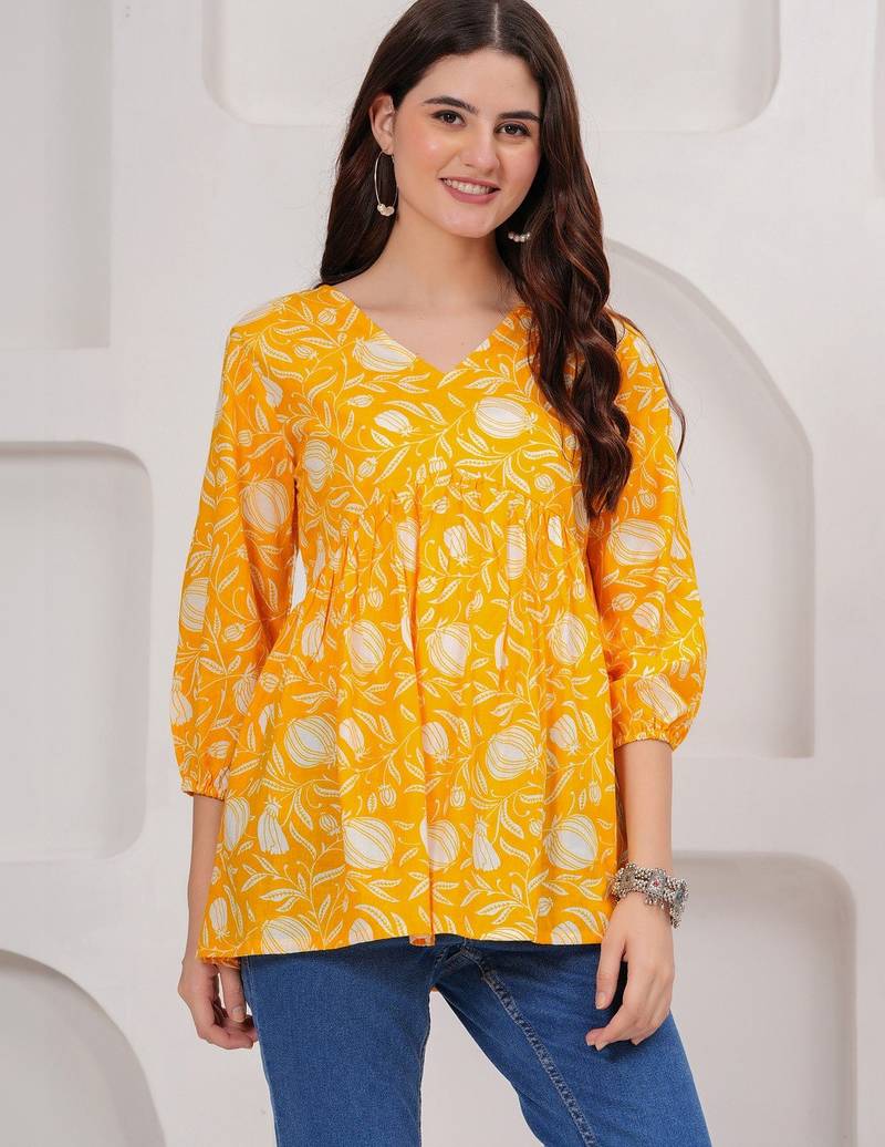 Womens yellow self design cotton fabric kurtis 3/4 sleeves v-neck