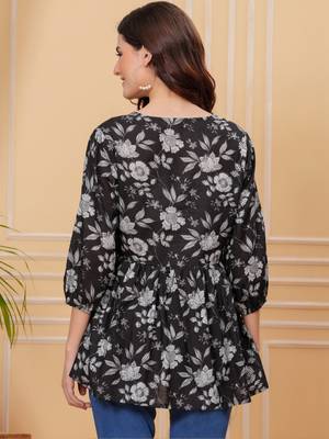 Womens black self design cotton fabric kurtis 3/4 sleeves v-neck 3