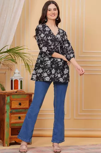 Womens black self design cotton fabric kurtis 3/4 sleeves v-neck