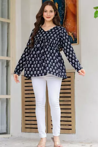 Womens navy blue self design cotton fabric kurtis 3/4 sleeves v-neck