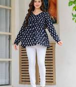 Womens navy blue self design cotton fabric kurtis 3/4 sleeves v-neck