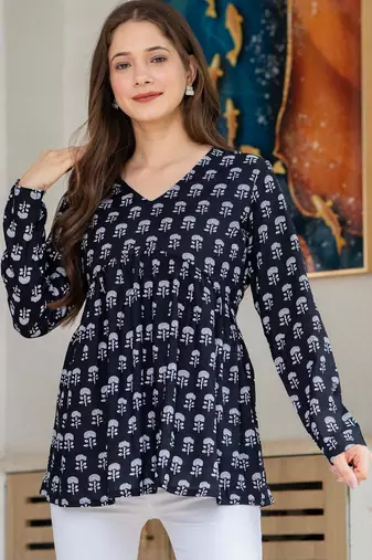 Womens navy blue self design cotton fabric kurtis 3/4 sleeves v-neck