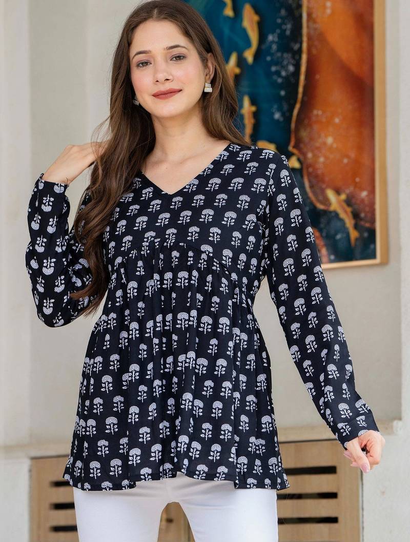 Womens navy blue self design cotton fabric kurtis 3/4 sleeves v-neck