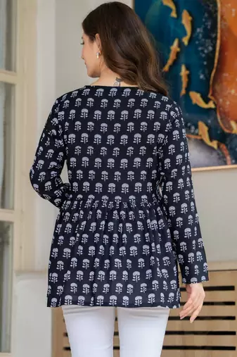 Womens navy blue self design cotton fabric kurtis 3/4 sleeves v-neck