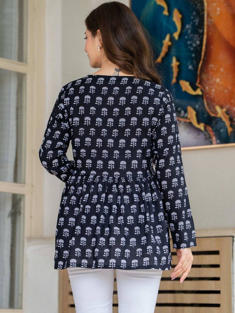 Womens navy blue self design cotton fabric kurtis 3/4 sleeves v-neck