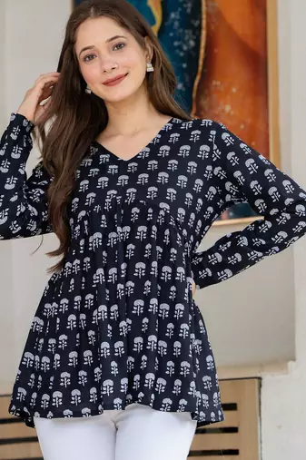 Womens navy blue self design cotton fabric kurtis 3/4 sleeves v-neck