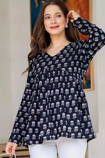 Womens navy blue self design cotton fabric kurtis 3/4 sleeves v-neck