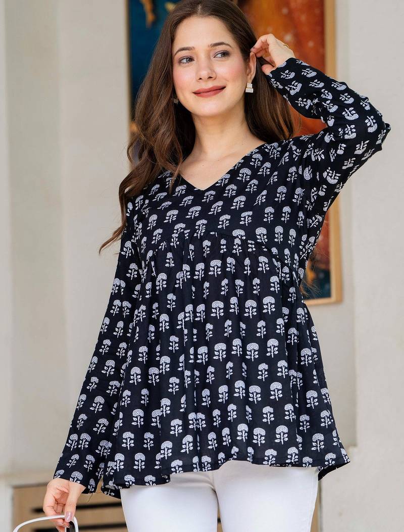 Womens navy blue self design cotton fabric kurtis 3/4 sleeves v-neck