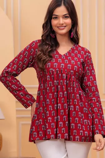 Womens red self design cotton fabric kurtis 3/4 sleeves v-neck