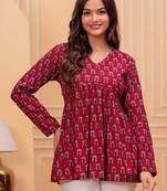 Womens red self design cotton fabric kurtis 3/4 sleeves v-neck
