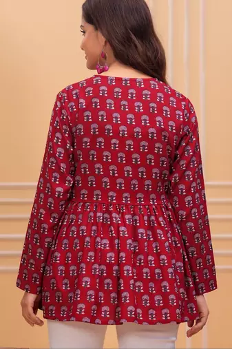 Womens red self design cotton fabric kurtis 3/4 sleeves v-neck