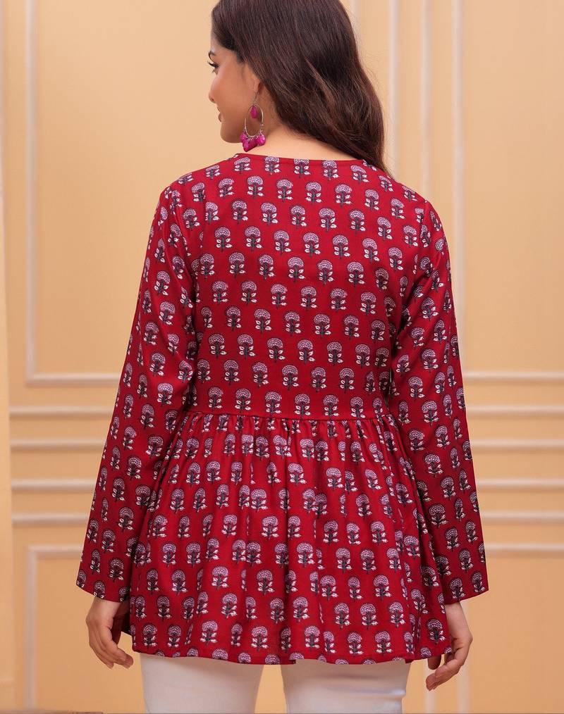 Womens red self design cotton fabric kurtis 3/4 sleeves v-neck