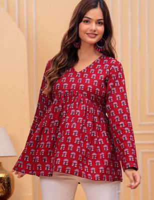 Womens red self design cotton fabric kurtis 3/4 sleeves v-neck 3