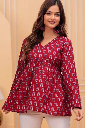 Womens red self design cotton fabric kurtis 3/4 sleeves v-neck