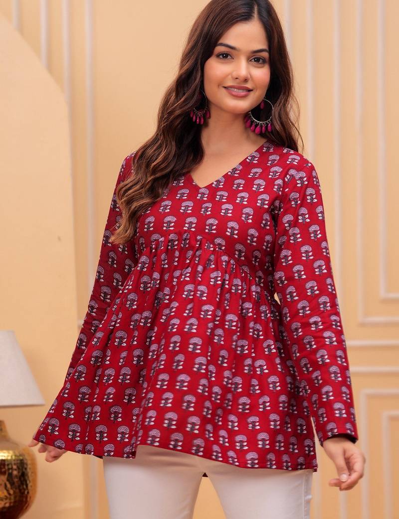 Womens red self design cotton fabric kurtis 3/4 sleeves v-neck